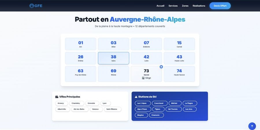 Page des zones d'intervention de GFE : 12 départements en Auvergne-Rhône-Alpes, villes principales et stations de ski